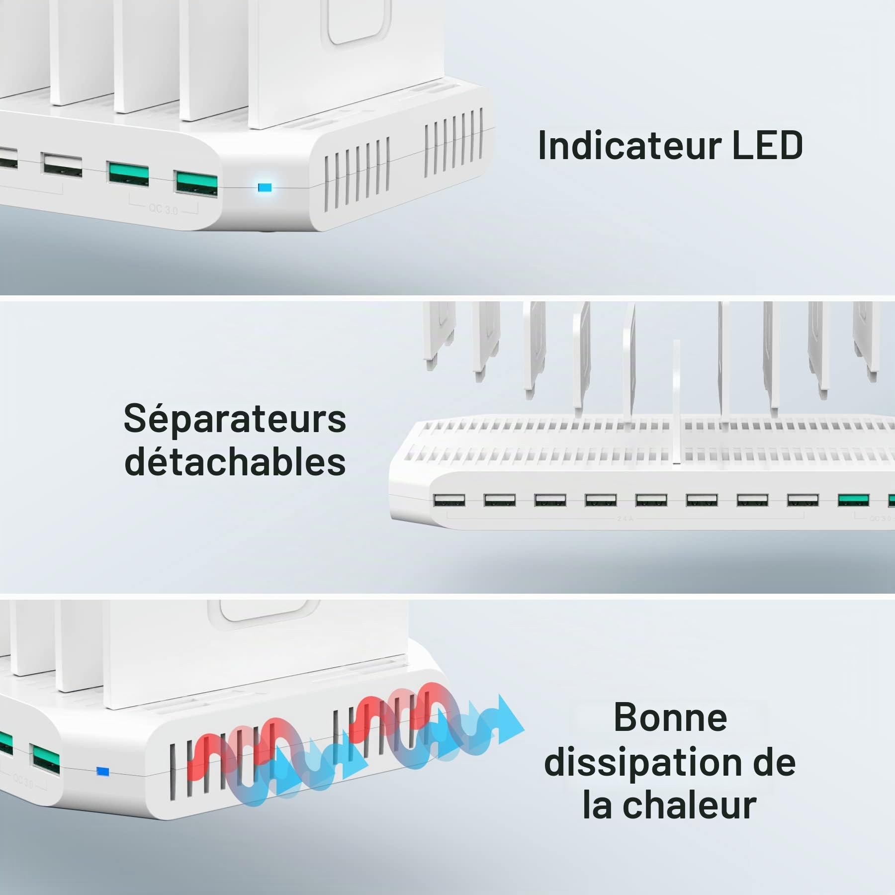 Unitek 96W 10 Ports USB Station de Charge,Station de Chargement avec QC3.0