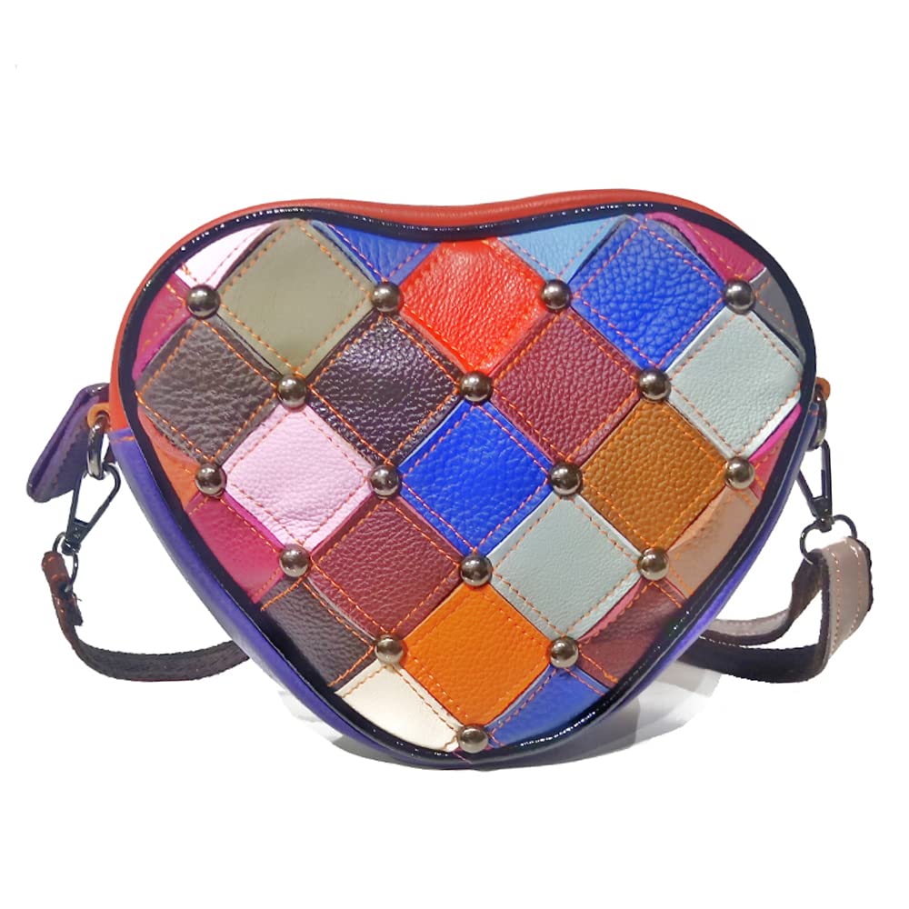 BYKOINE Women Cute Heart-Shaped Purse Genuine Leather Multicolor Splicing Handbag Colorful Patchwork Rivet Shoulder Satchel