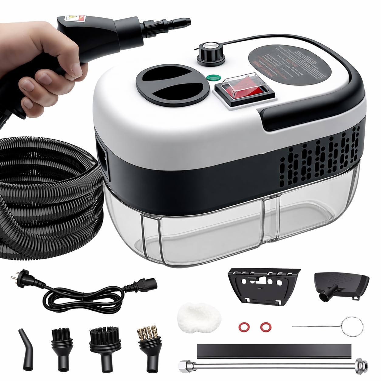 Myjka parowa do wszystkiego, wysokociśnieniowy strumień parowy 1500 W, wielofunkcyjny zestaw do samochodu, łazienki, kuchni, okien, dywanu, tapicerki – dezynfekcja parowa 104°C przeciwko bakteriom i