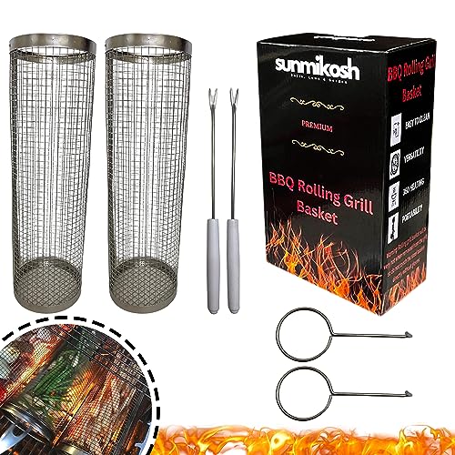 Sunmikosh Rolling Grilling Basket - Barbecue Portable Roll Grill Basket for Outdoor Camping - Stainless Steel BBQ Net Tube Grill Basket, Suitable For Fish, Kabob, Meat, Vegetables, French Fries -  AB035