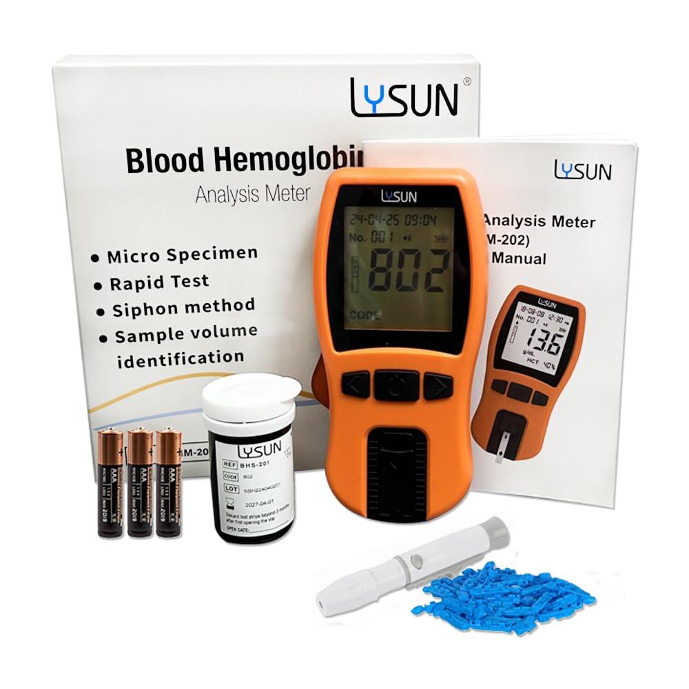 Lysun BHM-202 New upgraded version Hemoglobin Test Meter kit,only 5μl blood sample,no capillary tubes needed with 25pcs strips and 25 lancets included