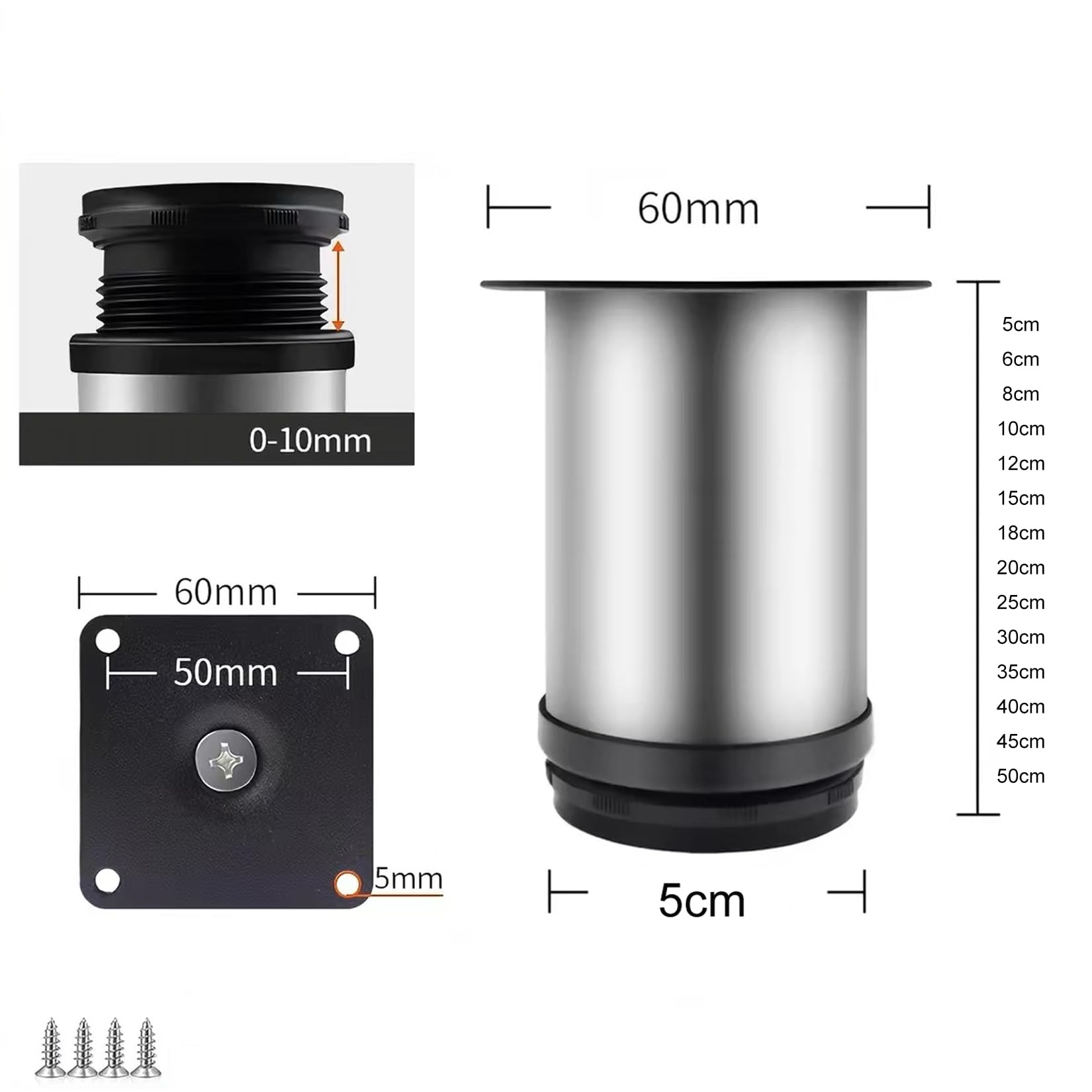 Gambe per Mobili Regolabili in Altezza in 4 Pezzi,Gamba per Tavoli in Metallo,Piedini di Supporto in Acciaio Inox per Armadi,Divani,Letti,Scrivania,Con Viti,Argento (50cm)