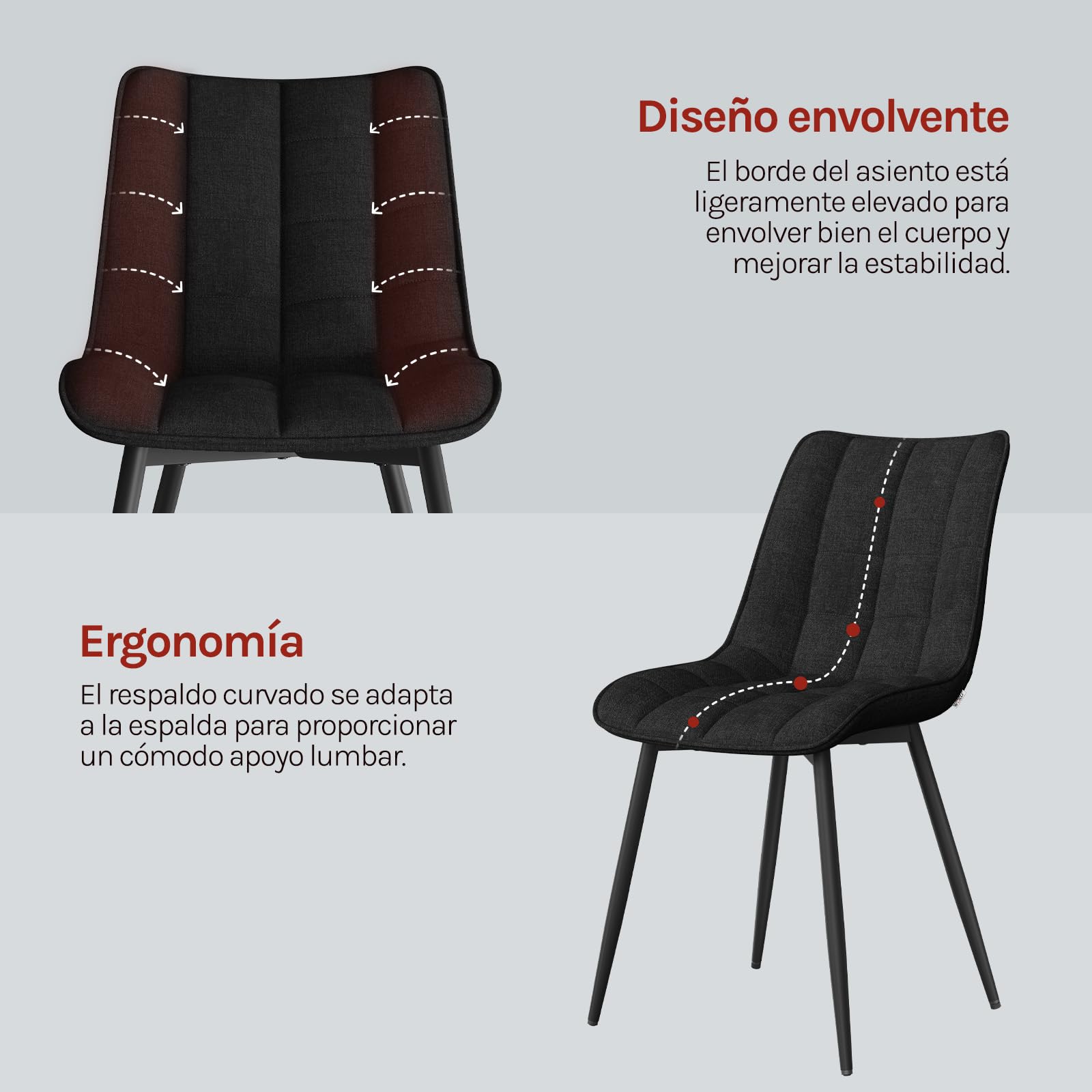 WOLTU Juego de 2 Sillas Comedor,Lino,Negro | Patas Metálicas, Carga 150kg, Asiento Antideslizante Cómodo, Uso Hogar Comedor Salón Dormitorio
