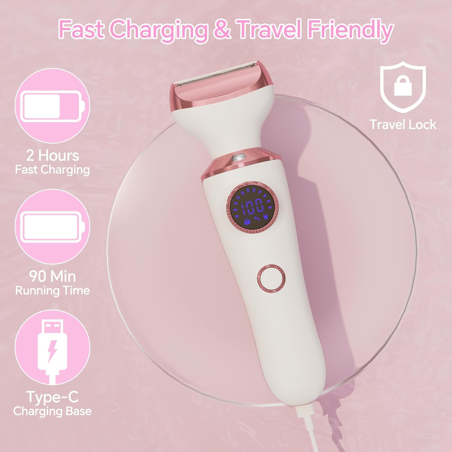 Electric Razor for Women, 4-in-1 Bikini Trimmer & Body Shaver for Face, Legs, Underarms, Pubic Hair, Rechargeable Wet/Dry Painless Hair Removal with LED Light & Travel Lock - Image 5