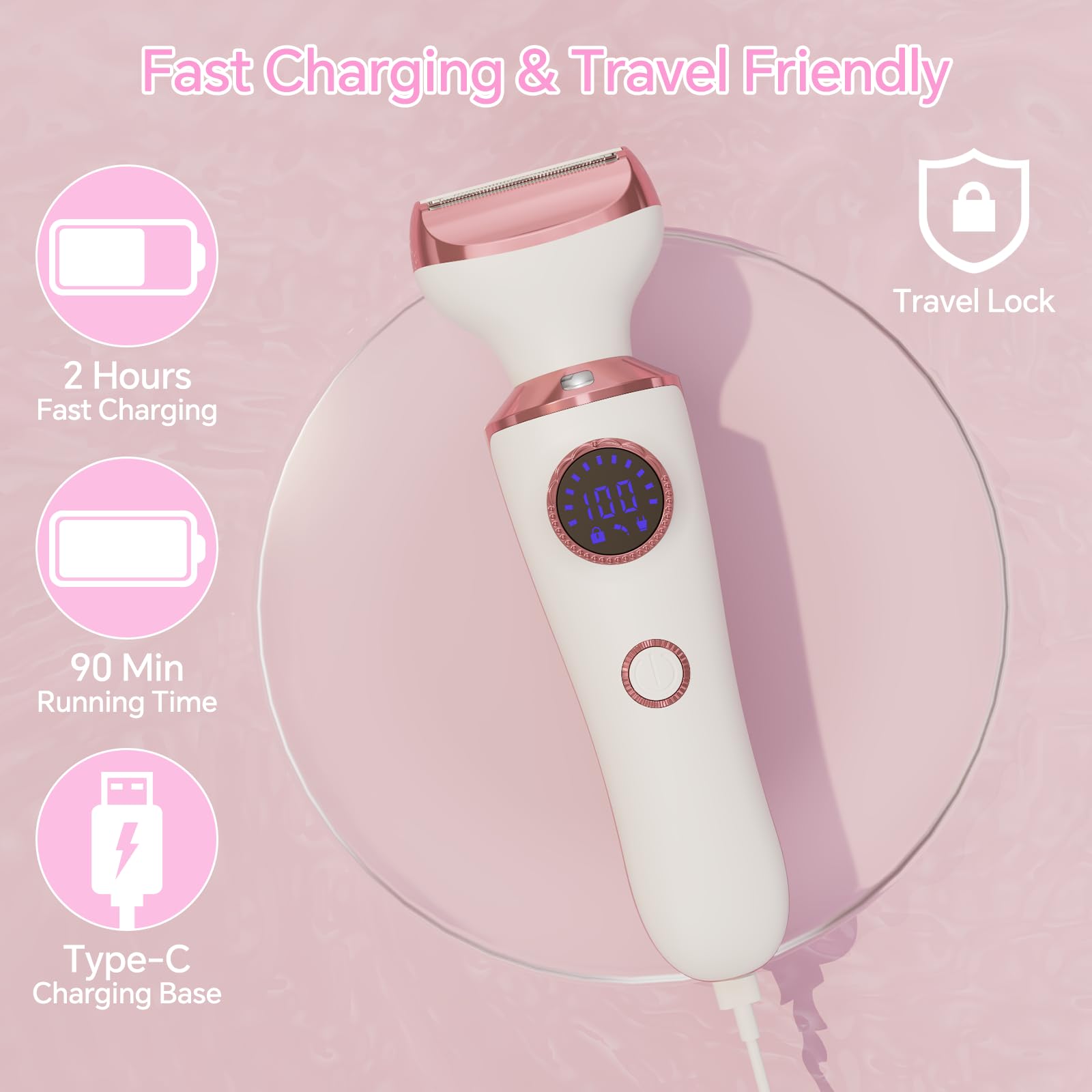 Elektrischer Rasierer für Frauen, 4-in-1-Bikini-Trimmer & Körperrasierer für Gesicht, Beine, Achselhöhlen, Schamhaar, wiederaufladbar, nass/trocken, schmerzfreie Haarentfernung mit LED-Licht
