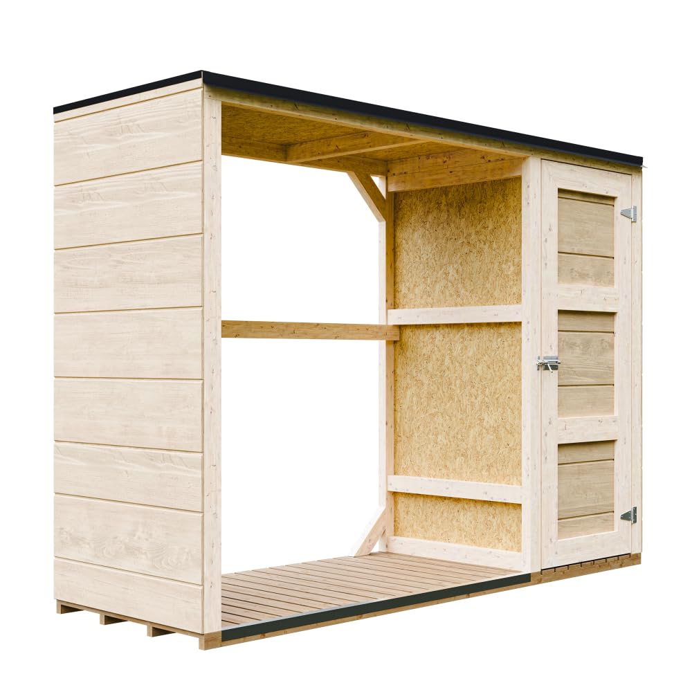 Legnaia da esterno - 75 x 217 x H159 cm - Legnaia moderna con deposito laterale per attrezzi 1,09 m² + 0.53 m² - Casetta per attrezzi e legna - TIMBELA M981