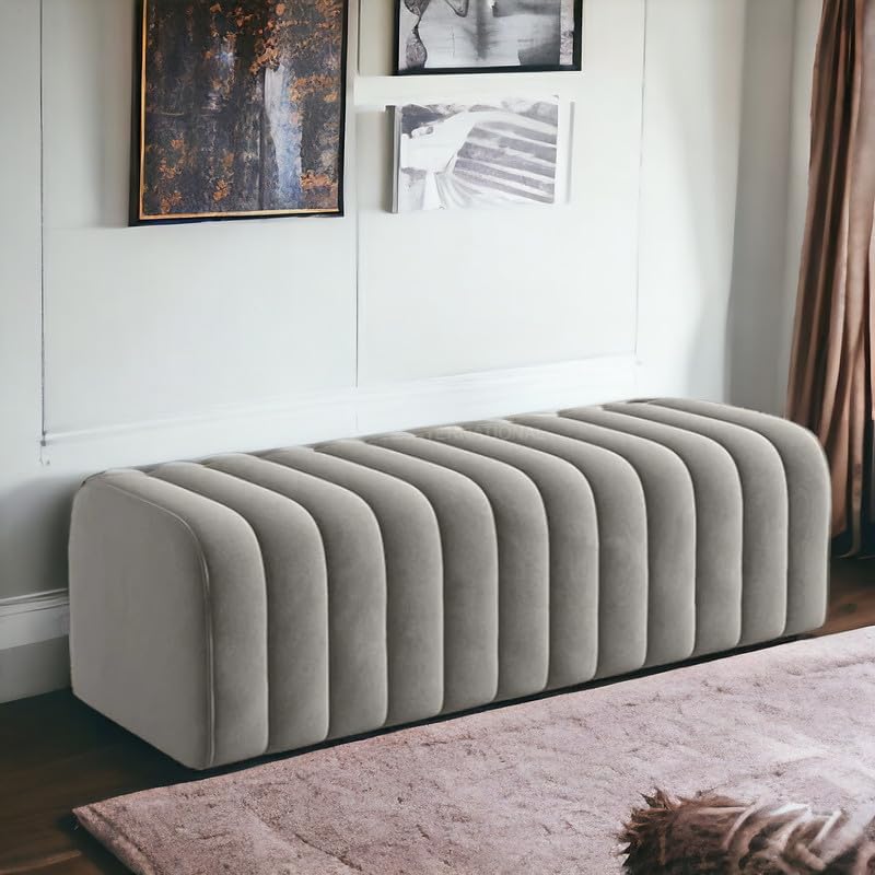 Image of Modern Look Cute Fabric Ottoman Upholstered | Luxury Long Ottoman Upholstered for Bedroom, Living Room, Entryway, Lounge & End-of-Bed Seating | Soft Padded Cushion Accent Furniture | Grey