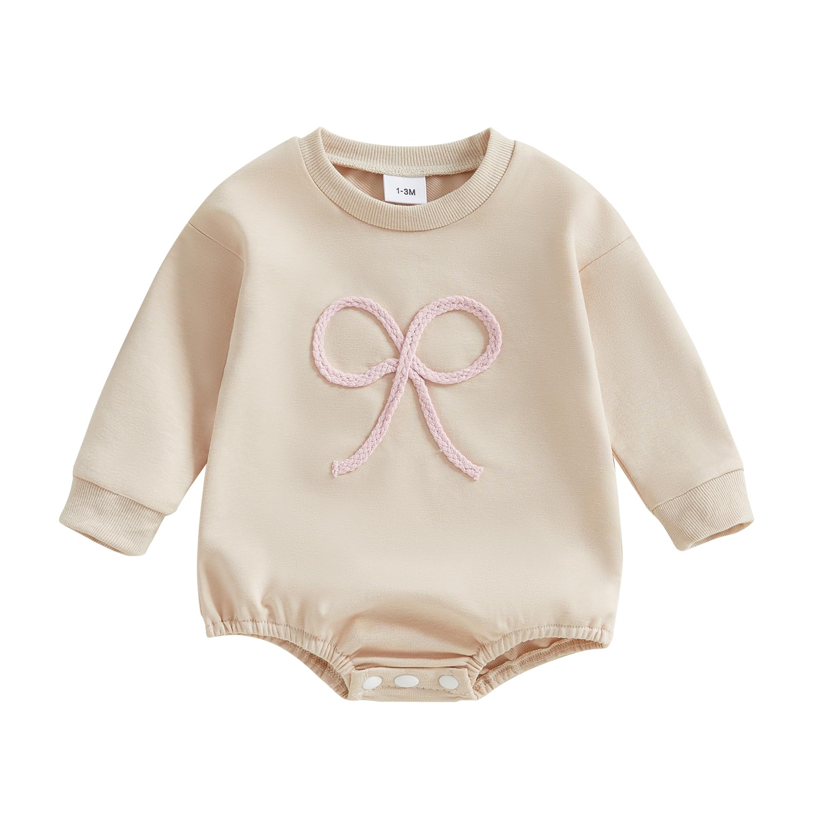 KtwHarnu Newborn Baby Girl Fall Outfit Bow Oversized Bubble Sweatshirt Romper Long Sleeve Sweater Bodysuit One-Piece Jumpsuit (BB-Apricot, 3-6 Months)