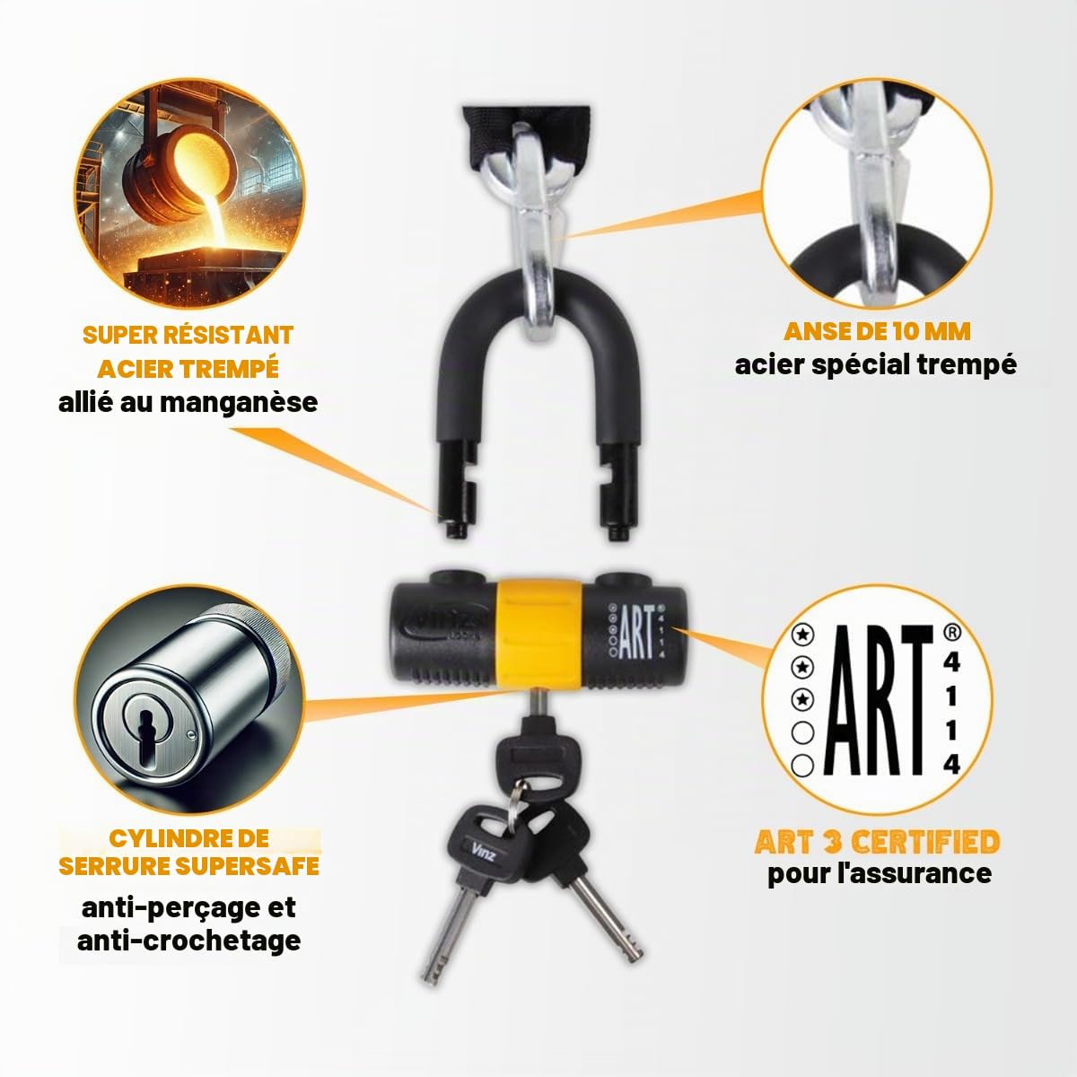 VINZ Kungur Antivol Scooter | Cadenas de chaîne ø10mm | Certification Art 3 |pour Moto, cyclomoteur, vélo électrique | Verrouillage de chaîne Loop U-Lock sécurisé | 100-300 cm x (100 cm)