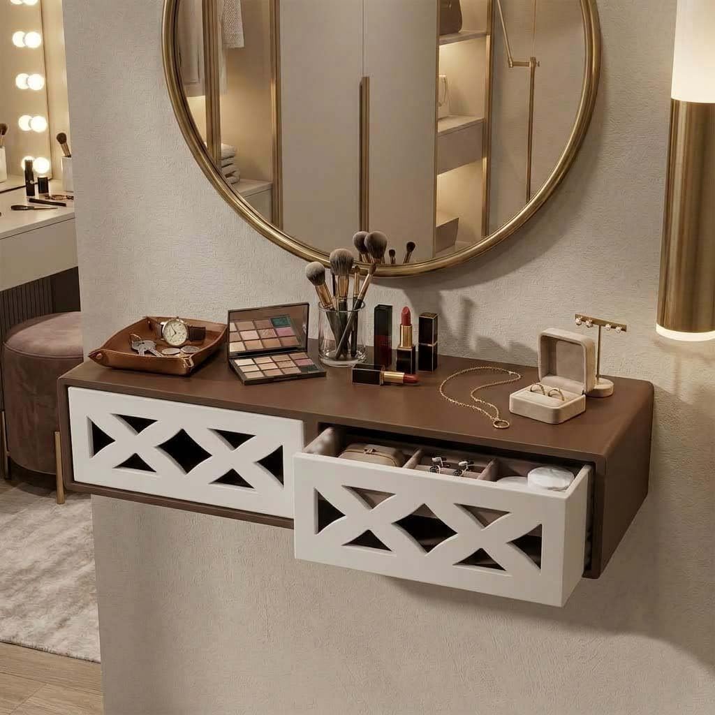 Wooden Wall Shelf with 2 Drawers, MDF, Zig Zag Shape, Glossy Finish, Lightweight, for Living Room and Entryway (new 2 Drawer Brown White Jali)-image-14
