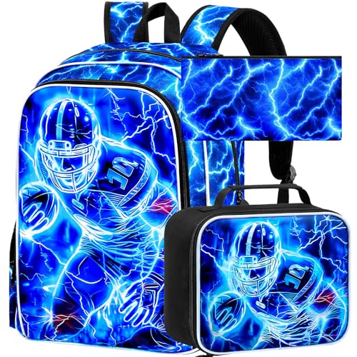 Image of 17 inch Football Backpack for School, Kids Boys Lightning Bookbag with Lunch Box, 3Pcs Backpacks for Elementary Preschool Kindergarten (Blue)