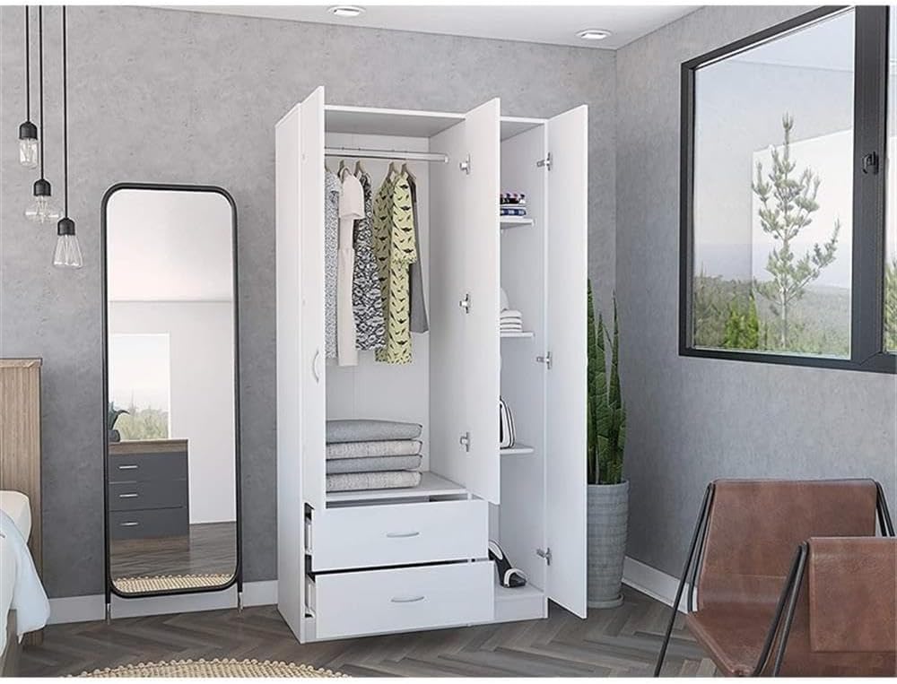 BOWERY HILL Bedroom Storage Armoire, Engineered Wood, White Finish, 71 in x 35 in x 18 in, 3 Doors, 2 Drawers, 5 Shelves, Hanging Rod, Spacious Design for Clothing and Accessories