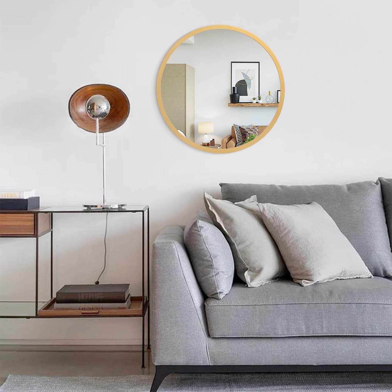 JJUUYOU Wall Mirror 20 Inch Round Wall Mirror for Bathroom Antique Circular Mirrors Washroom Wall Decor Wood Frame Mirrors for Living Room Bedroom Dorm Decorative