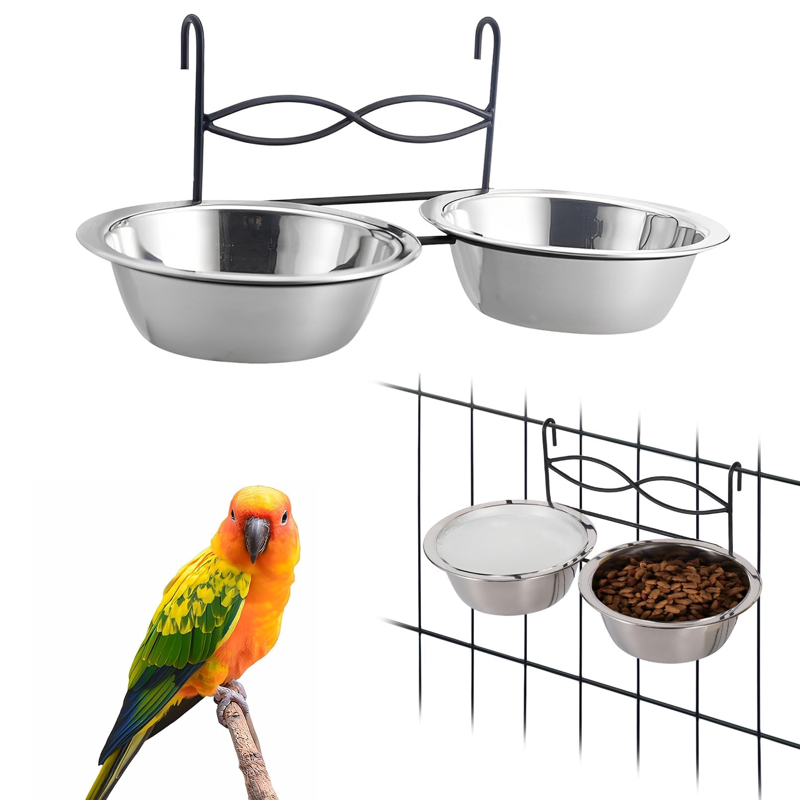 kathson Hanging Bird Bowls for Cage, 2 PCS Stainless Steel Metal Pet Food Water Dishes with Holder Feeder Cage Coop Hook Feeder Cups for Birds, Parrots, Small Sized Dogs and Cats (4.3 Inch Dia)