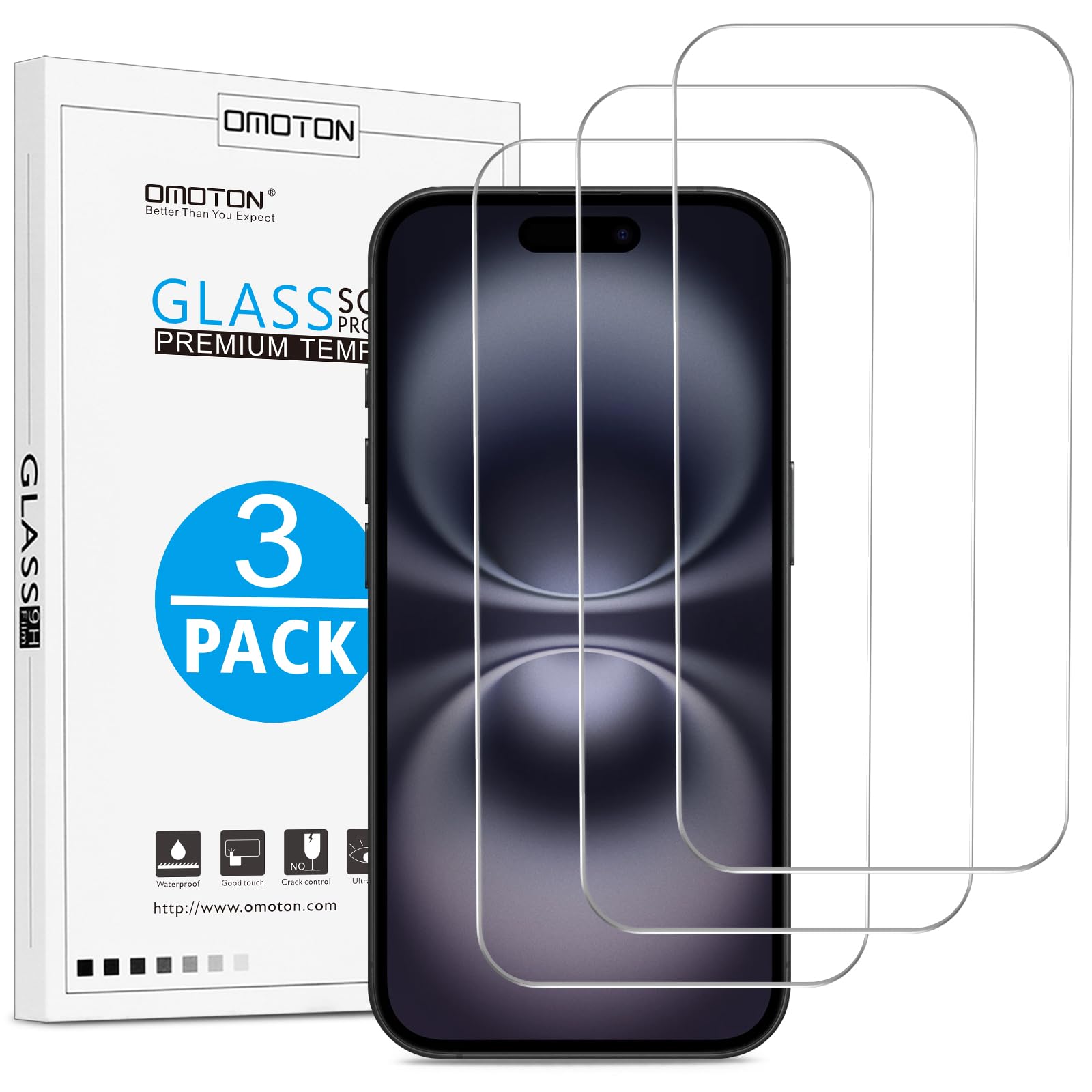 OMOTON Panzer Schutz Glas für iPhone 16/15/15 Pro, 3 Stück | TOP Bruchsicherheit Schutzfolie für iPhone 16/15/15 Pro [Full Screen], 9H Härte, Kratzfest, Anti-Öl, Anti-Bläschen