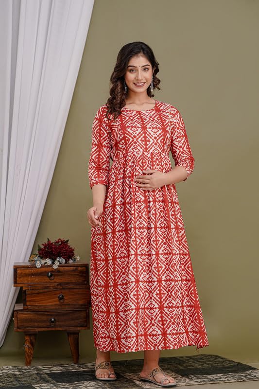 Image of Women's Pure Cotton Printed Maternity Gown /Maternity wear /Feeding Gown A-line Maternity Feeding Dress Maternity Kurti Gown for Women