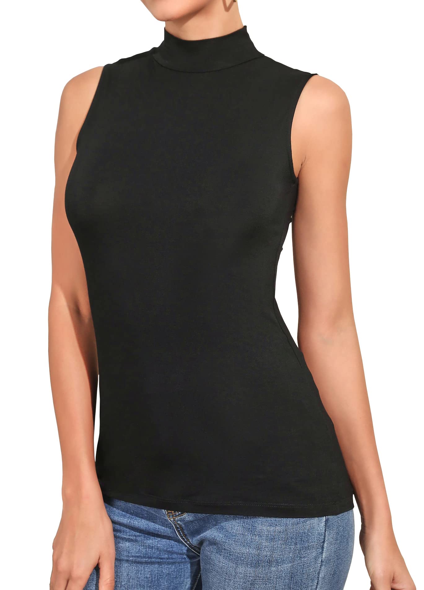 MANGDIUP Women's Mock Turtle Neck Long Sleeve Sleeveless Pullover Tops Slim Fit Basic Lightweight Soft T-Shirts, Sleeveless Black, Small