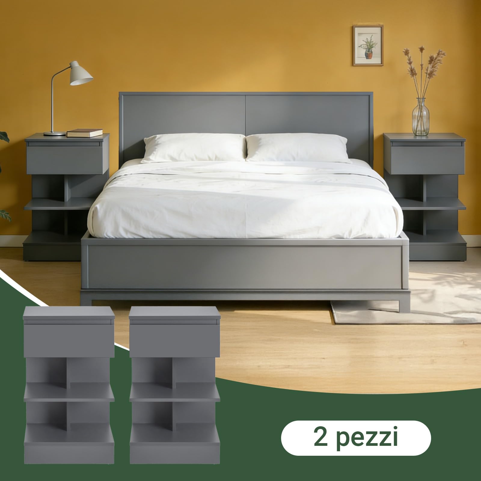 SoBuy Set di 2 Comodino Camera da Letto - Comodino con 1 Cassetto e 2 Ripiani, Tavolino Salotto - Moderna Cassettiera L39 x P39 x A65 cm Grigio FBT49-HGx2
