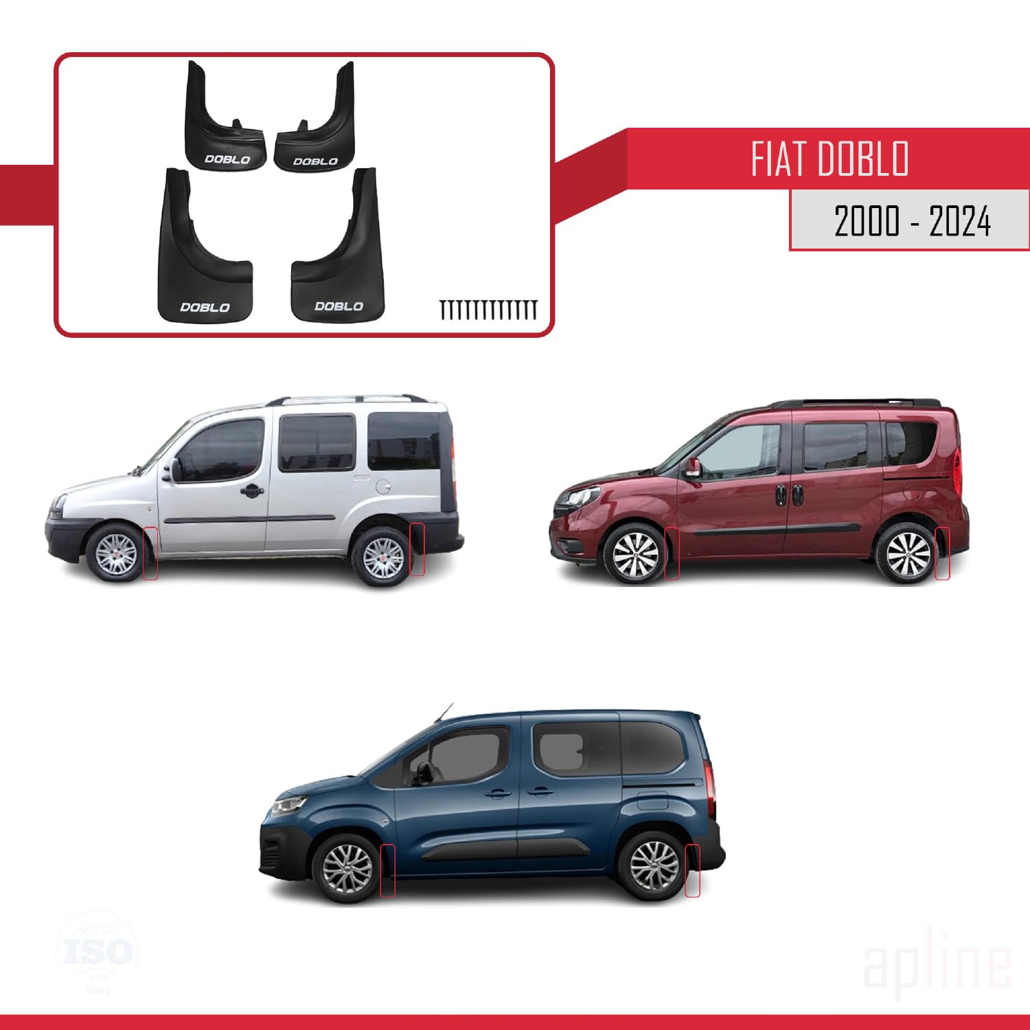 Compatibile con Fiat Doblo 2000-2024 Parafanghi anteriore + posteriore 4 pezzi KIT