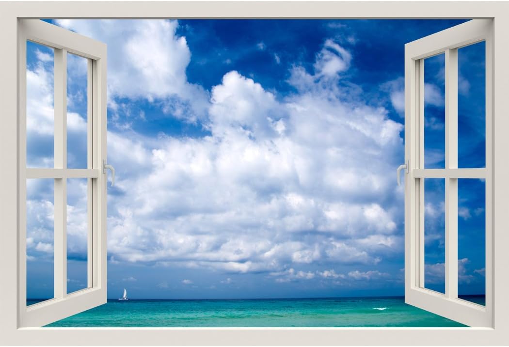 Window Frame Mural Beautiful Sea - Huge Size - Peel and Stick Fabric Illusion 3D Wall Decal Photo Sticker