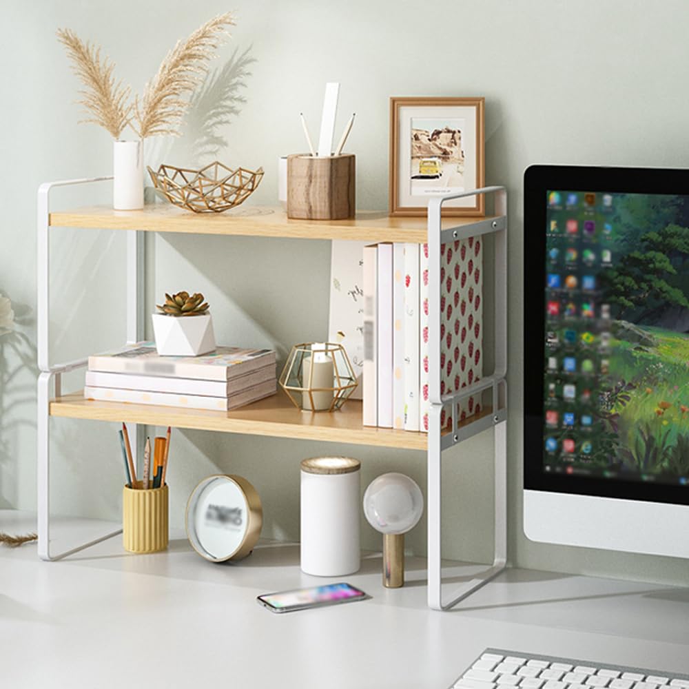 Hggzeg Étagère de bureau en bois à 2 niveaux multi-usages pour le stockage à la maison, au bureau, à l'école (blanc + tronc)