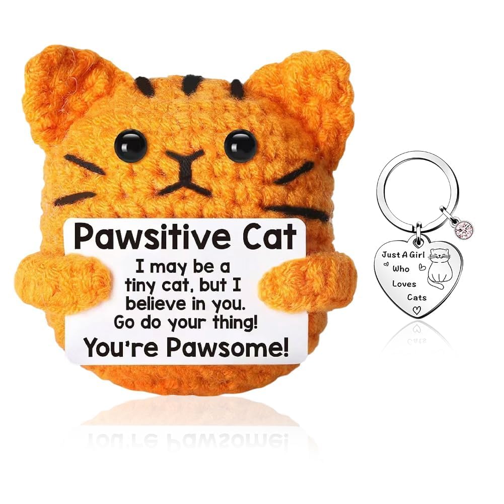 Vexthorion Positive Cat With Funny Cat Keyring Set,Handmade Emotional Support Crochet Cat With Inspirational Cards,Knitted Gift Doll Good Luck Present For Cat Lover Women Men,Office Home Desk Decor