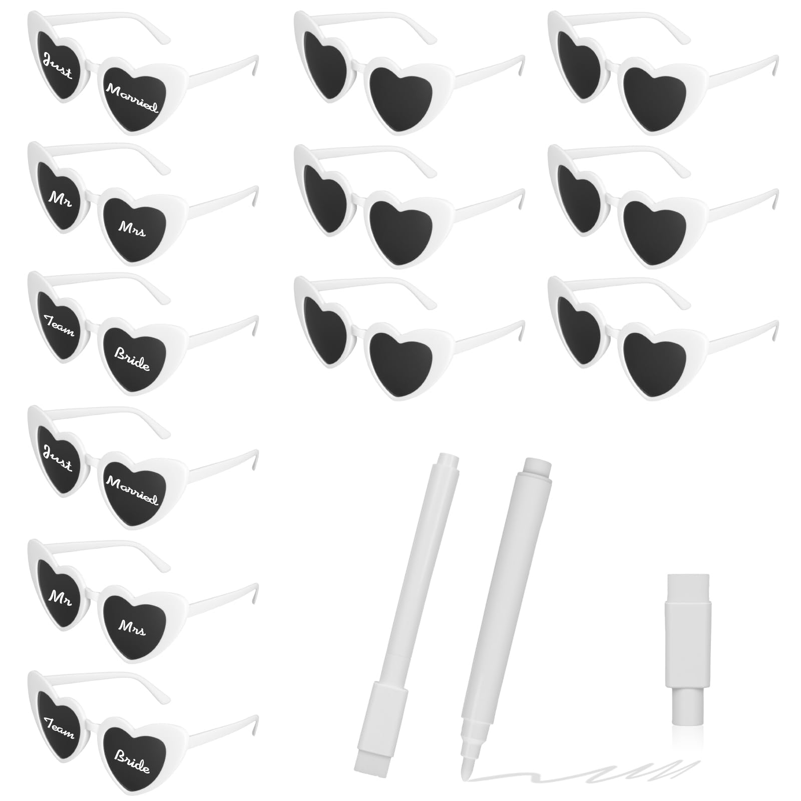 RoyalChic 12 Herz Sonnenbrille Partybrille Set DIY Herzbrille mit 2 Stift, Sonnenbrille Hochzeit JGA Brillen Hippie Herzförmige Brille Herzform Brille für Party Hochzeit Karneval Halloween (12, Weiß)