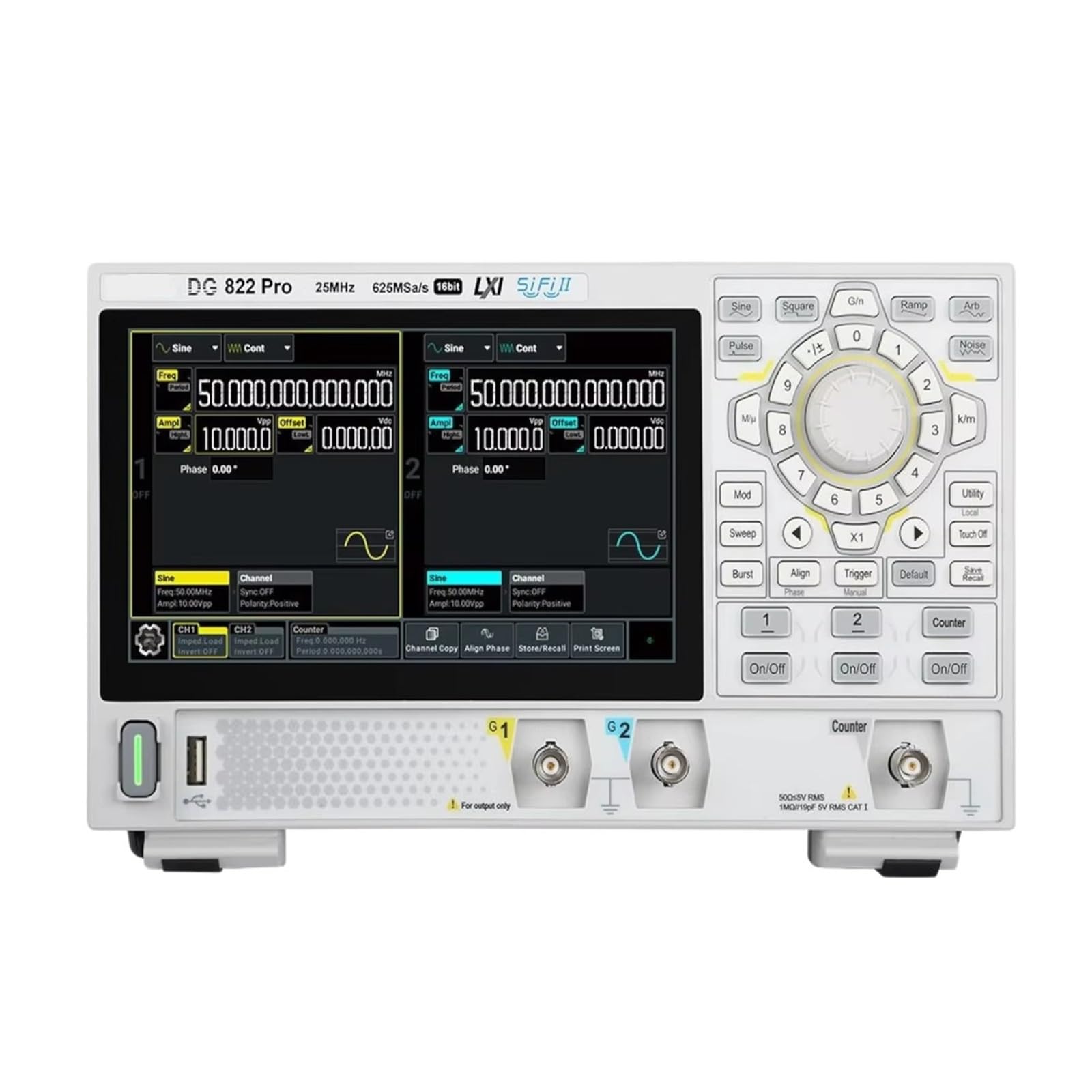 Generador de señales forma onda arbitraria portátil DG822 Pro, 25 MH/z, 625 MSa/s, 16 bits, 2 canales, compatible con alimentación móvil