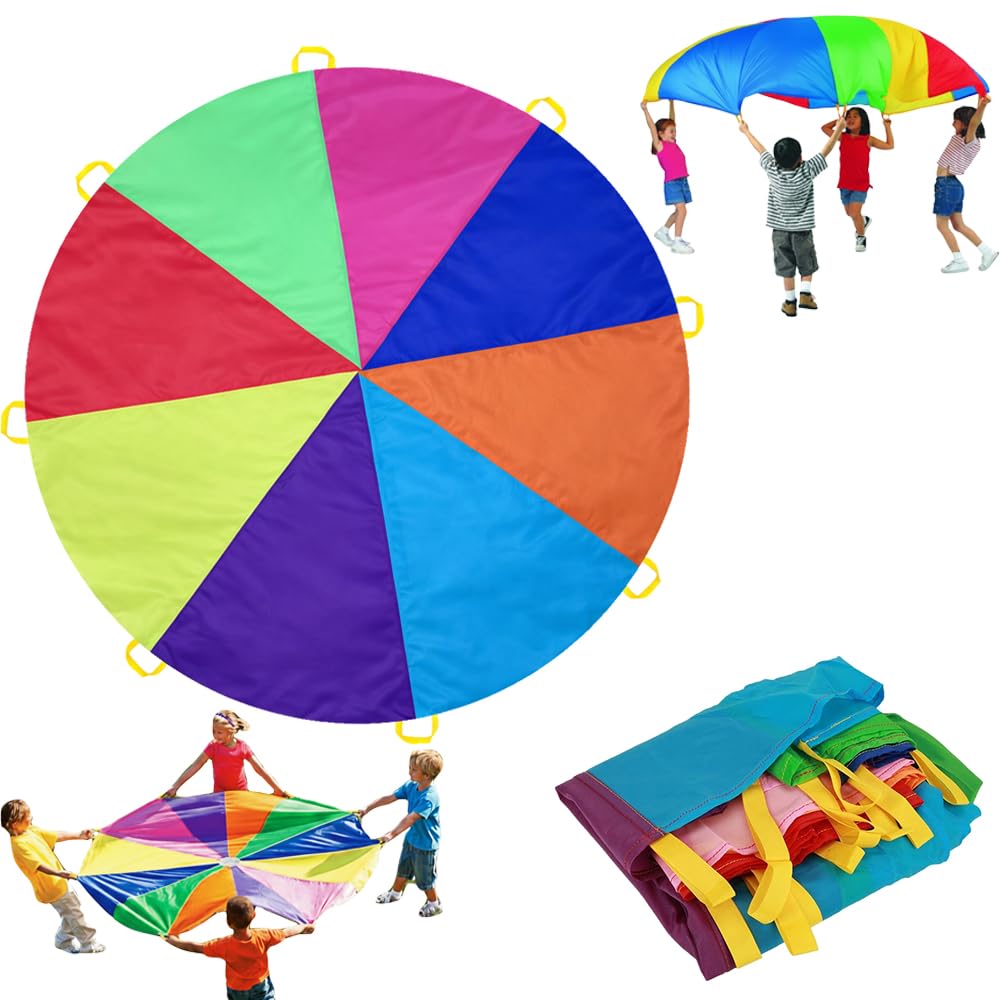 6.5 FT/13.1 FT Rainbow Parachute with 8 Handles/20 Handles, Gymnastics Play Circus Games for Kids, School Playground Outdoor Activities, Indoor Sports Equipment