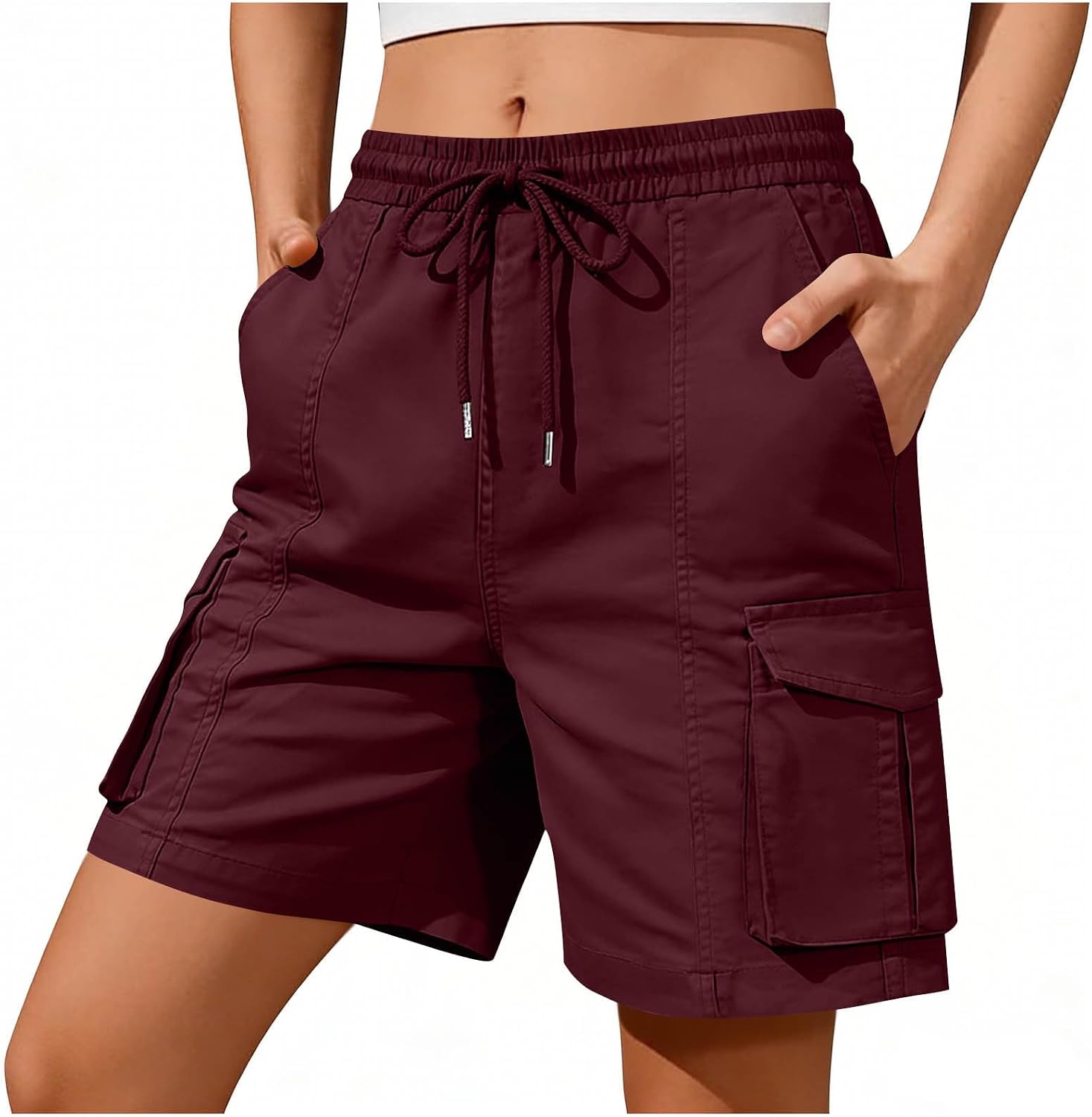 Cargo Shorts for Women, Casual Elastic Drawstring Summer Short | Relaxed Loose Fit, Mid Rise Waistband, Flap Cargo Pockets, Woven Feel, Outdoor Hiking Camping Travel Outfit