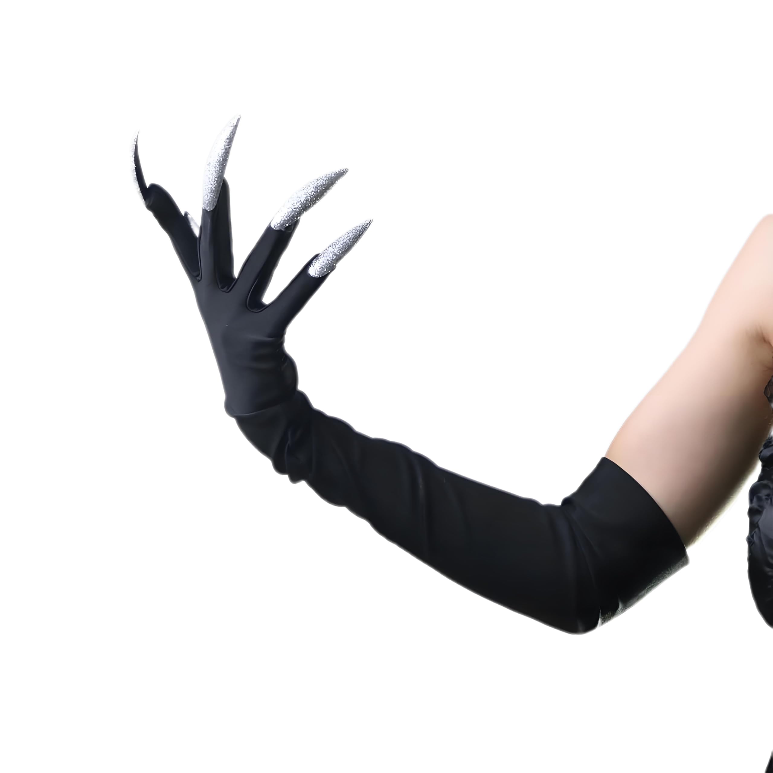 Black Gloves with Long Nails Adult Woman Halloween Handwear Witch Devil Ghost Cosplay Gloves Stretchy Breathabwomenle Elbow Length Mittens Fancy Dress Up Party Cosplay Carnival (Black+Sliver Nails)