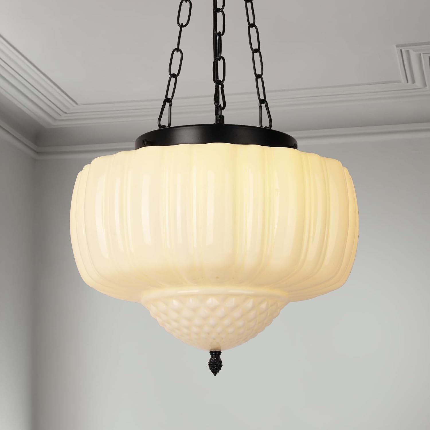 14" Vintage Milk Glass Pendant Light, Mid-Century Modern Schoolhouse Ceiling Chandelier, Vintage White Opal Flush Hanging Fixture for Kitchen Island, Dining Room, Bedroom, Living Room