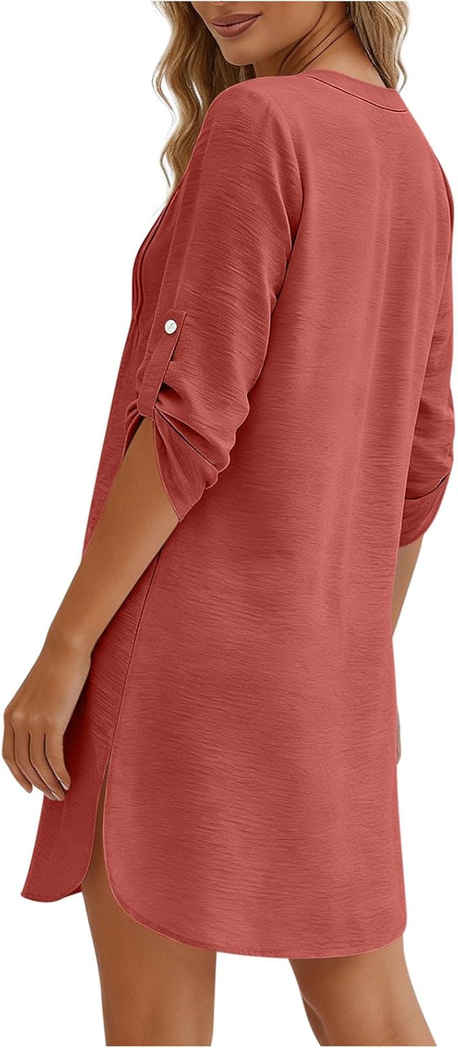 Women's 3/4 Sleeve Button Down Shirt Dress V Neck Side Split Midi Dresses Summer Casual Work Office Dress