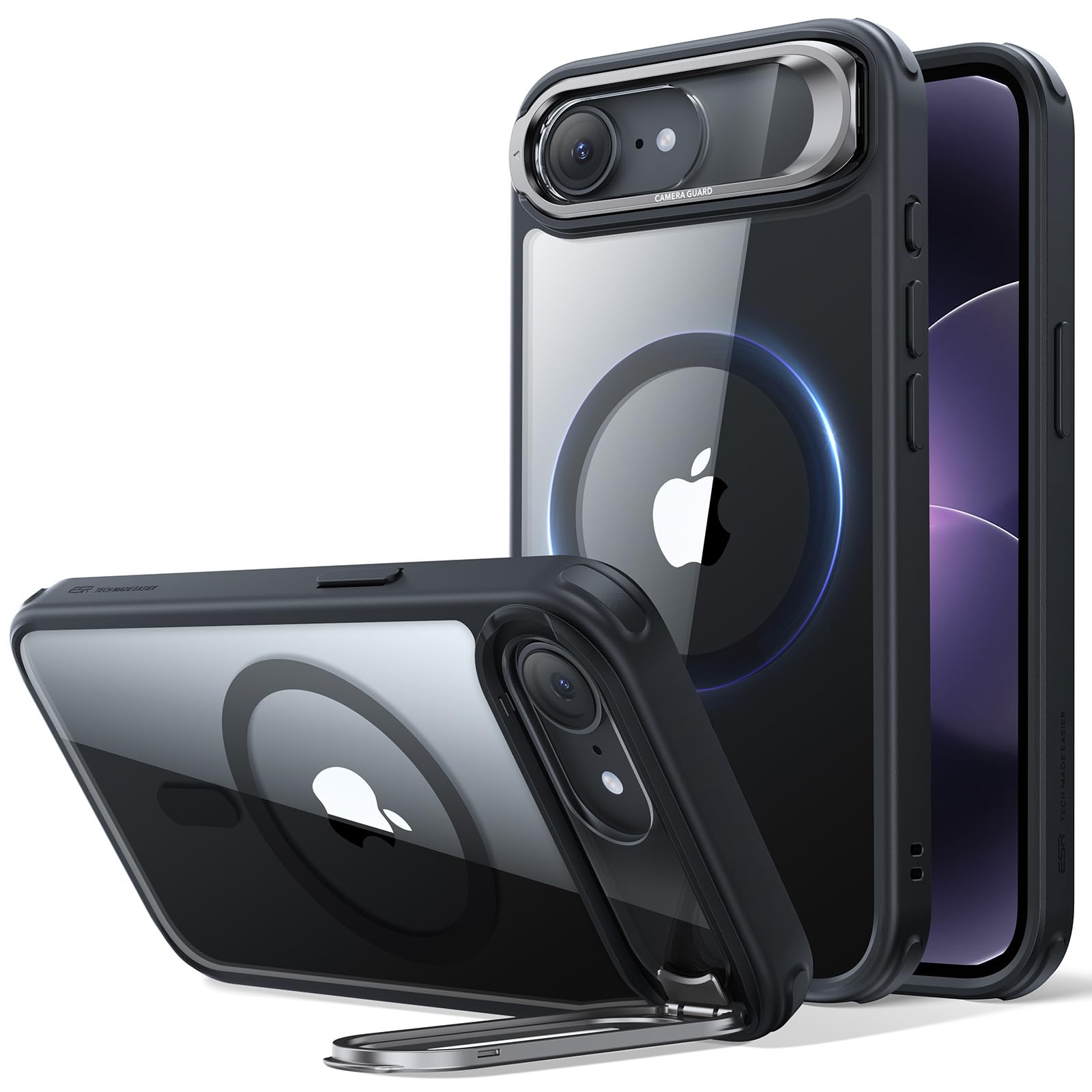 【デザイン受賞シリーズ！】ESR iPhone 17e ケース iPhone16e用 MagSafe対応 4倍米軍MIL規格 カメラ保護 隠しスタンド 調整可能 ワイヤレス充電 エアガードコーナー 耐衝撃 傷防止 軽量 マグネットスマホケース 高耐久性 Qi2.2適用 最大25W高速充電 phone17eケース アイフォン17e/16e専用Classicシリーズ(クリア_ブラック)