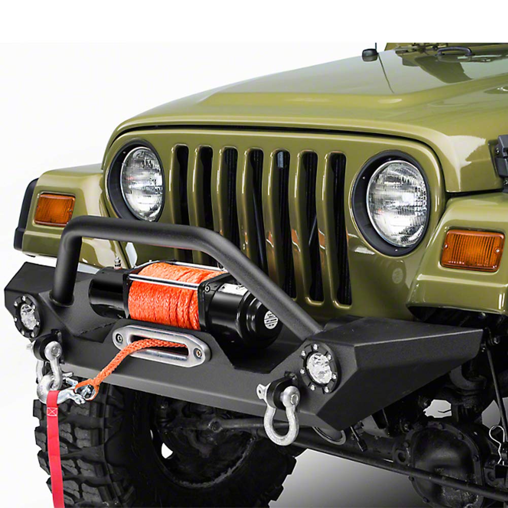 TURBOSII Wrangler Front Bumper Combo Fit for 1997-2006 Jeep Wrangler TJ With 2x LED Fog Lights Upgraded Textured Black Off Road Bull Bar With Winch Mounting Plate Fog Lights Holes,1 Year Warranty