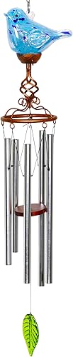 Miniatura 8 de Campanillas de viento, forma de pájaro de vidrio solar, LED, decoración de vidrio y metal para exteriores y patio, 7 x 4 x 44 pulgadas (azul claro)
