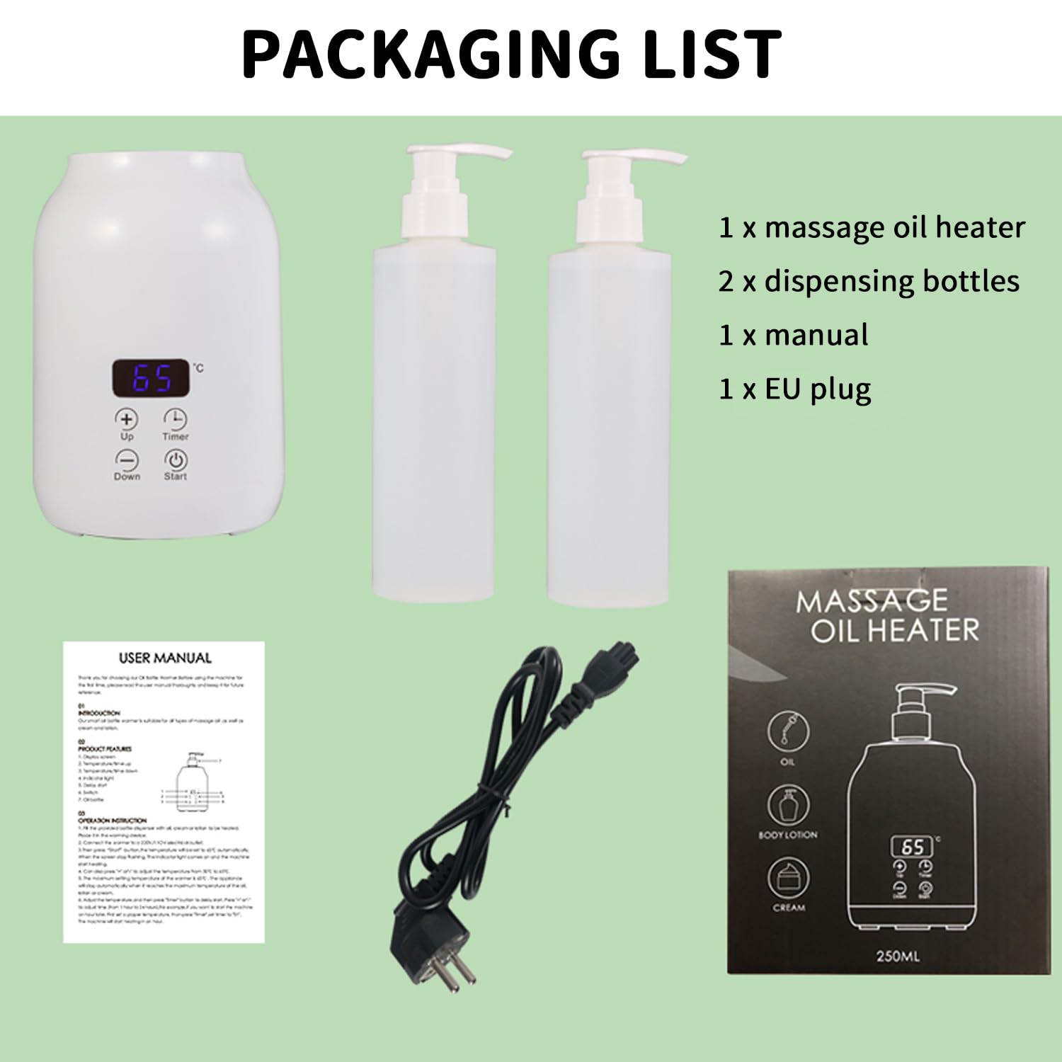 Massageöl Wärmer 30-65℃ Zeiteinstellung 2x Flaschen LED-Anzeige Automatisch Weiß EU-Stecker