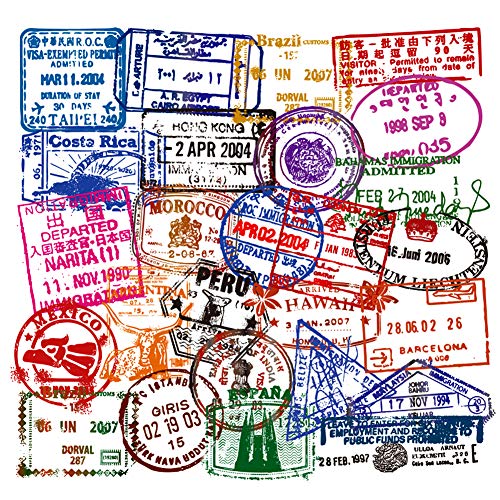 Vinyl Travel Immigration Postmark Stickers 50 Pcs Suitcase Stickers Pack Waterproof Decals for Water Bottle Laptops Ipad Cars Luggages