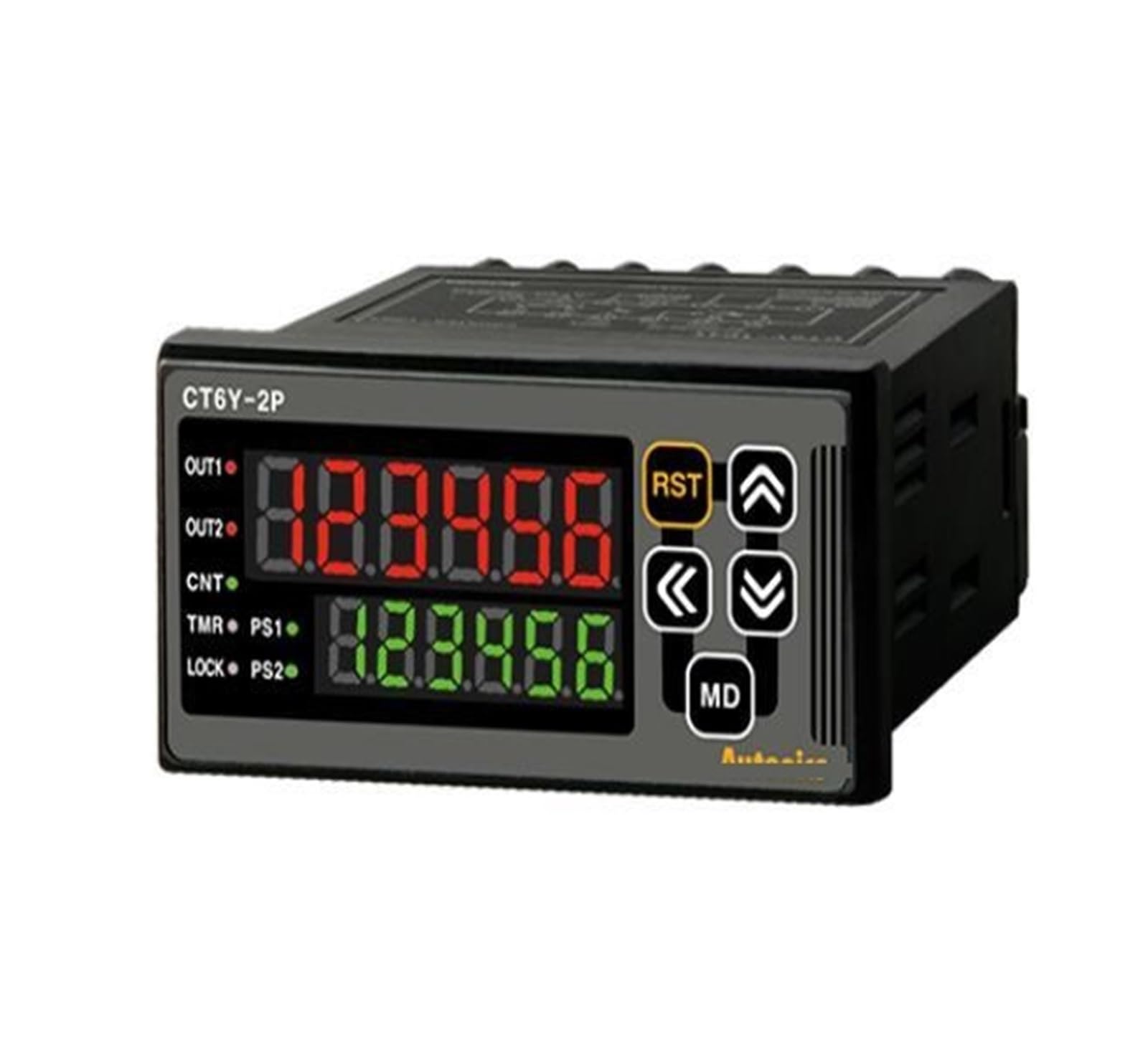 Contatore/timer CT6Y-2P2, L72xA36mm, 6 cifre, LED, 2 preimpostazioni, ingresso PNP o NPN, impostazione valore prescale, 2 relè SPDT(1c)+SPST(1a) 2(PNP Input)