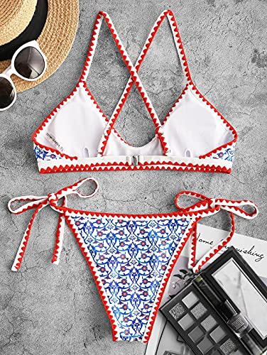 Zaful Bohemian Tie Whip Stitch Print Cross Bikini Spaghetti Strap Swimwear #TOP4