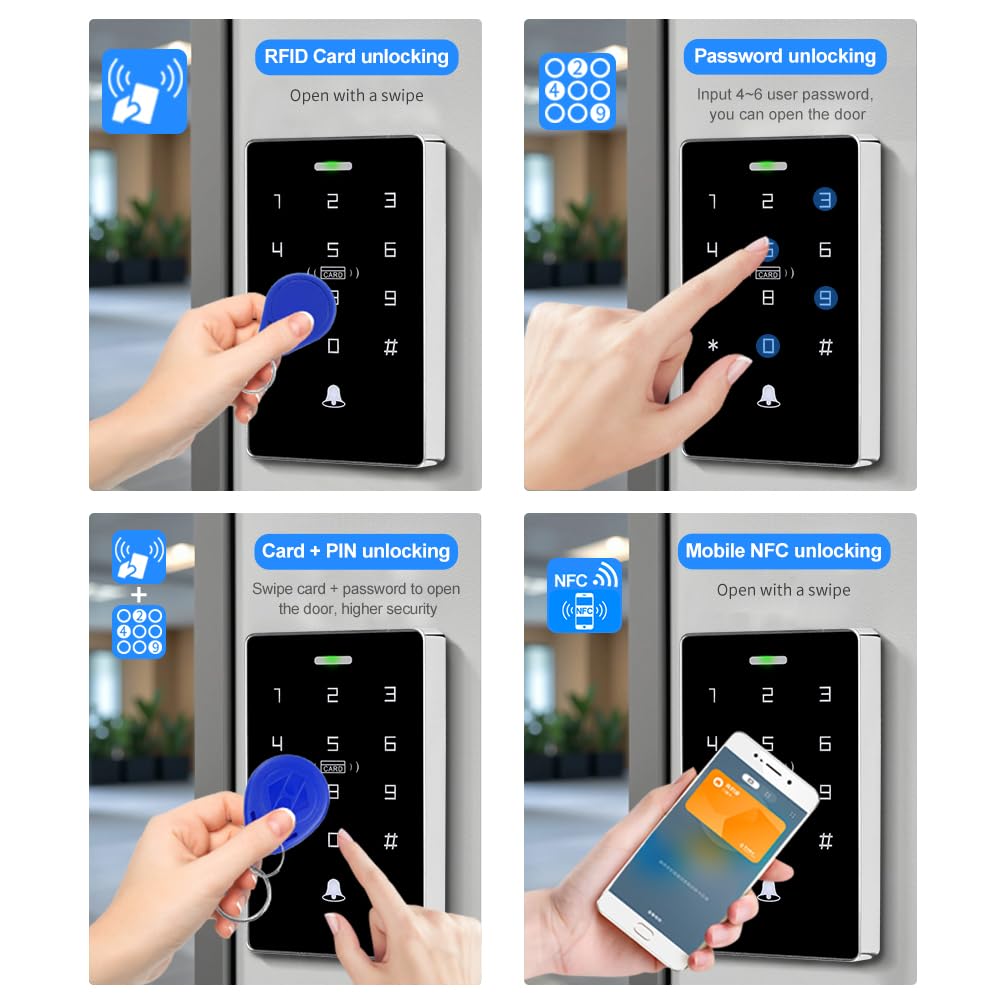 Kit de système de contrôle d'accès NFC RFID, lecteur de clavier tactile double fréquence (125 kHz/13,56 MHz), alimentation DC 12 V 3 A, bouton de sortie et 15 déverrouillages de porte-clés