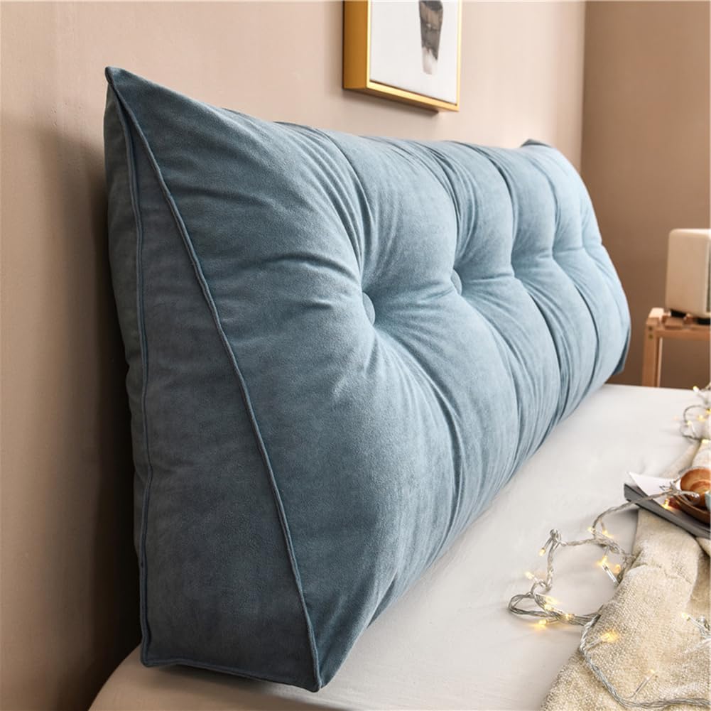 Cuscino per la schiena di lusso per letto e divano, grande cuscino rettangolare a cuneo con tasca, cuscino lombare e testiera, 120 x 50 x 20 cm, blu, ideale per rilassarsi