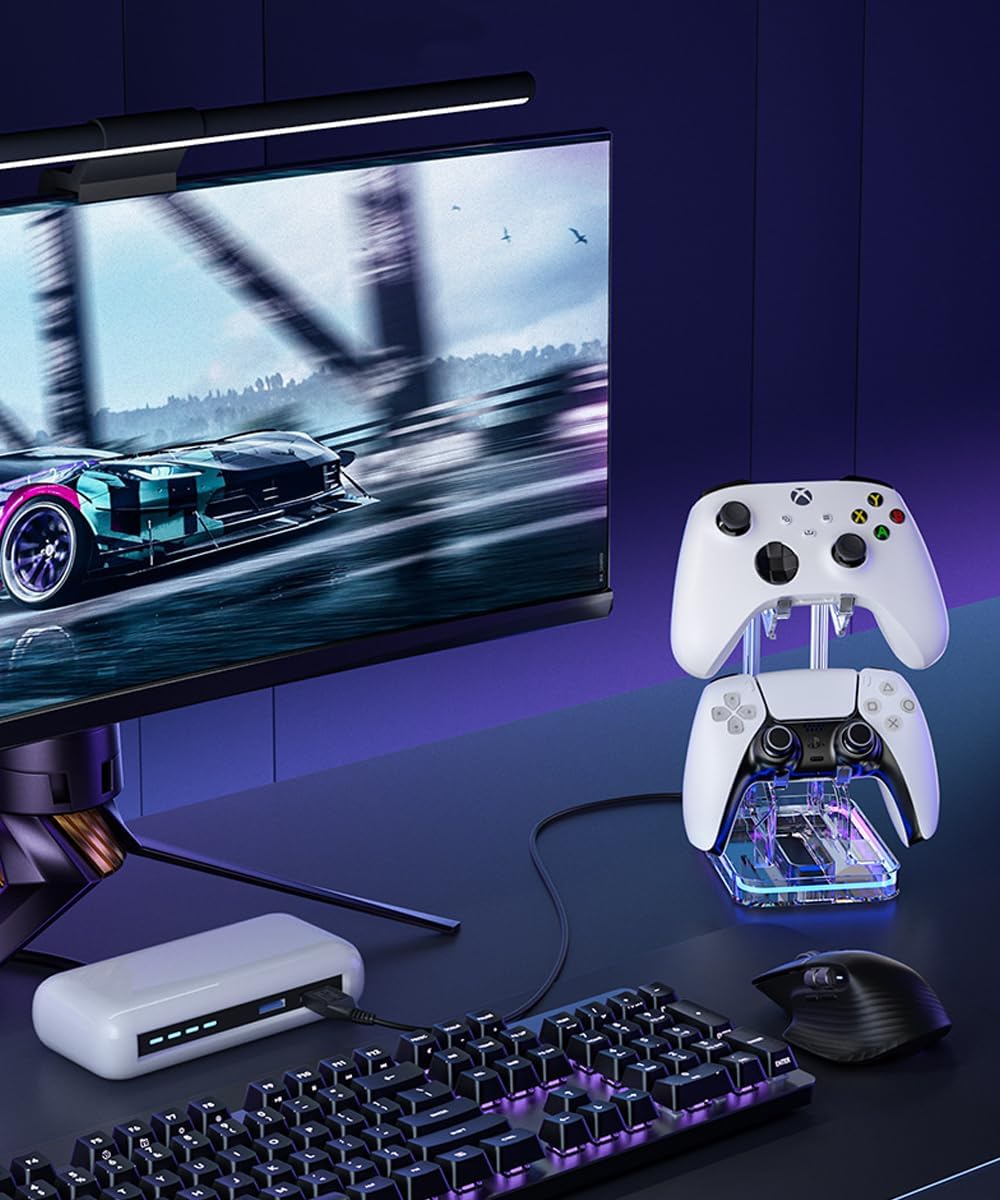 Gaming RGB Dual Controller Holder Headset Stand with 9 Light Modes with 2 USB Charging Ports, Anti-Slip Stable 2-Tier Universal Universal Controller Stand Gaming Accessories for Xbox One, Xbox Series
