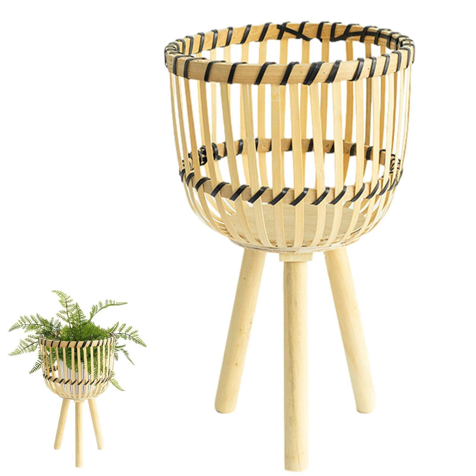 Voiakiu Rattan Plant Stand - Decorative Woven Stools for Indoor Plants | Woven Plant Pot Wooden Standing Legs, Raised Planter Stool Woven Planter Basket for Modern Rustic Home Decor