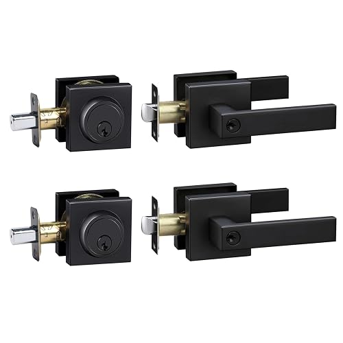 Exterior Door Lock Set, Combo Lock Heavy Duty Black Door Handle and Single Cylinder Deadbolt Lock, Keyed Alike Door Locks for Front Door, Matte Black, 2 Pack Set