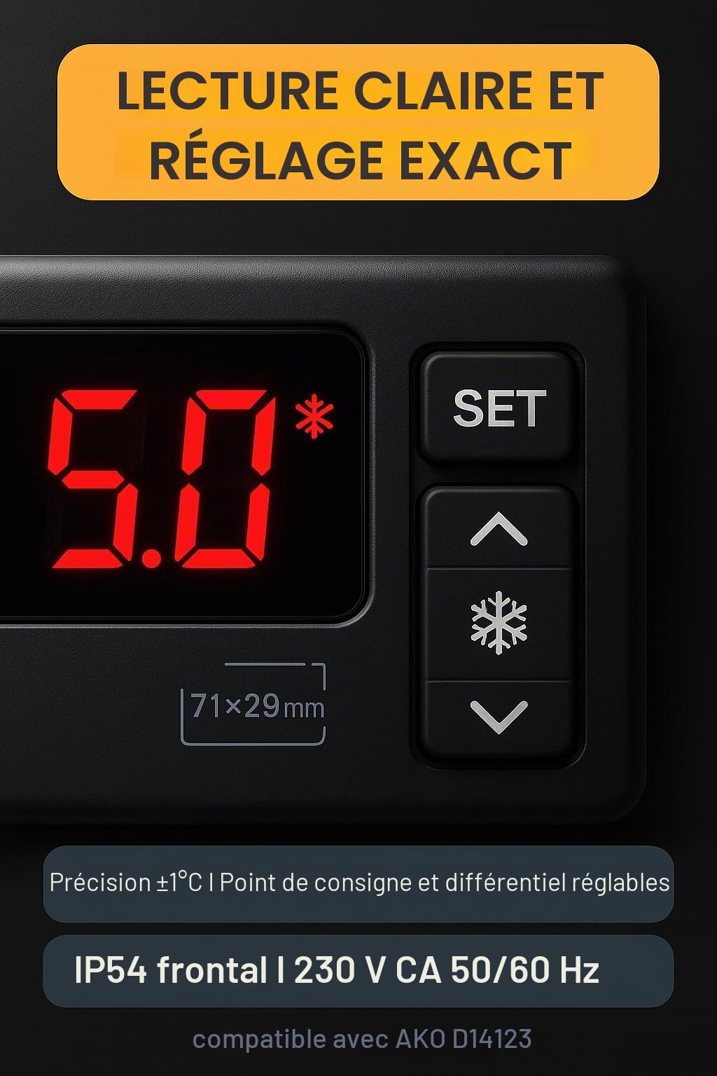 RO Linea Blanca Thermostat numérique panneau compatible avec AKO D14123 230 V 1 relais 16 A Plage -50 à 99 C Sonde NTC 1,5 m IP54 Mesure 71 x 29 Contrôle froid Chaleur Display LED pour caméras