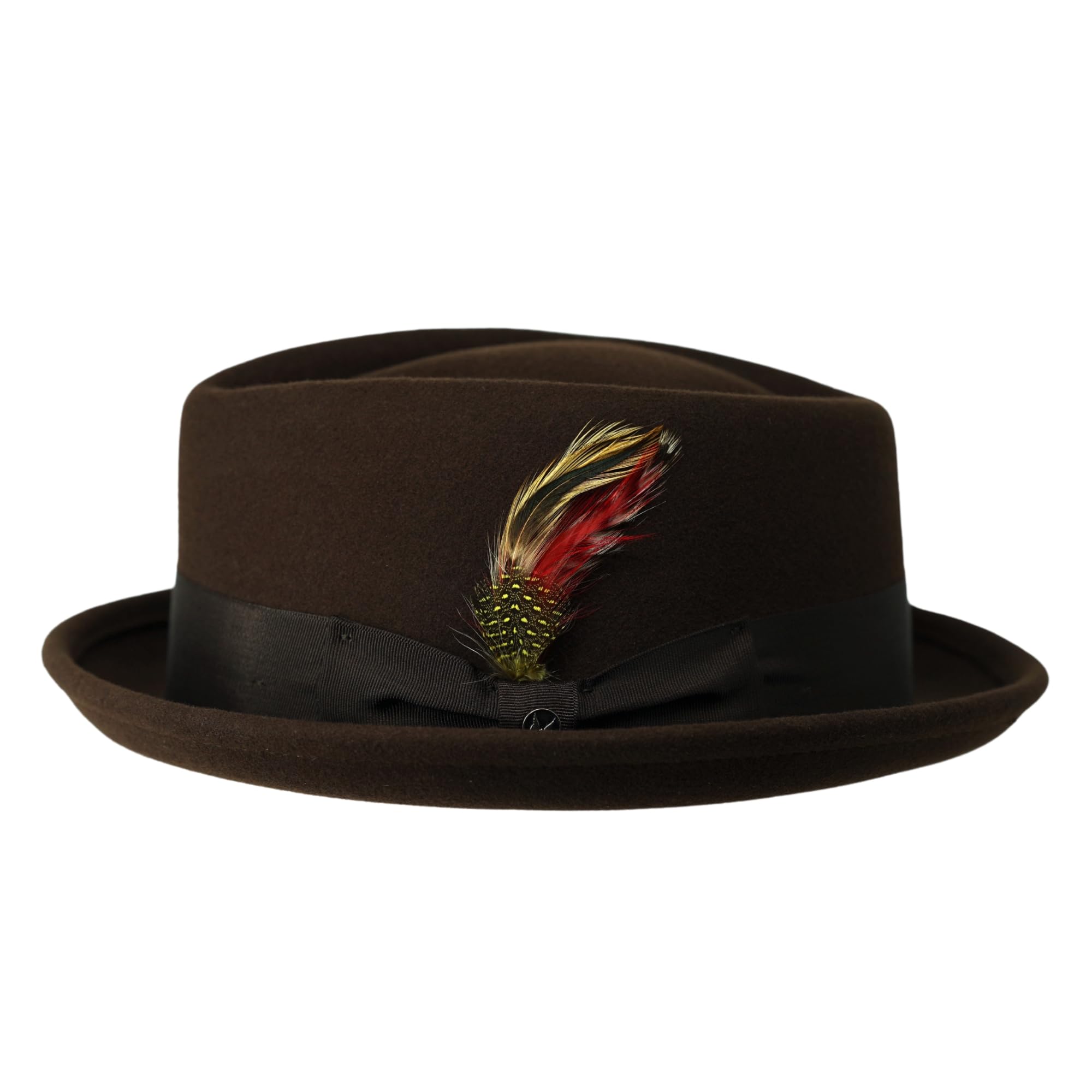 Gamble & Gunn New Orleans II Pork Pie Chapeau pour homme et femme – Chapeau couronne en feutre de laine marron avec doublure en satin, bandeau en cuir, accents de plumes