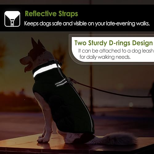 Vista 42 de AOFITEE - Abrigo tipo chaleco para perros, cálido, de invierno, de vellón, cuello alto reflectante, arnés integrado, impermeable, rompeviento