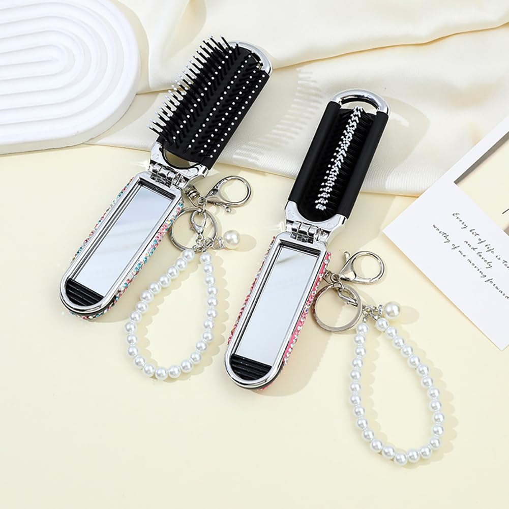 Bling Folding Hair Brush Keychain Rhinestone Pocket Hair Brush Keyring Mini Paddle Hair Massage Comb with Mirror for Women Girls Blue - Image 3