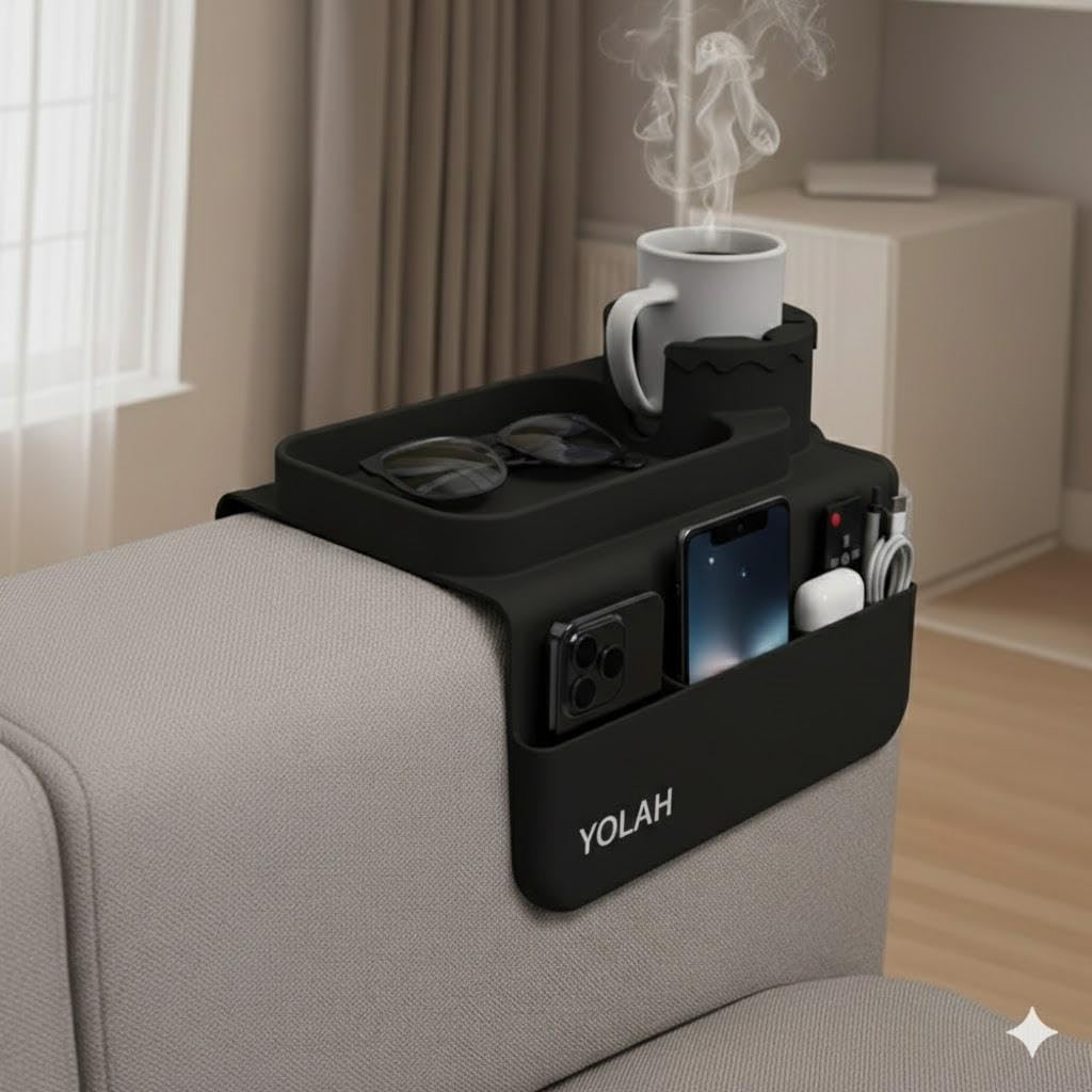 YOLAH Silicone Couch Cup Holder Tray for Sofa Armrest, Non-Slip Sofa Organizer with Cup Holder, Phone Remote Holder, Spill-Proof Armrest Tray for Drinks, Snacks & Accessories (Black)